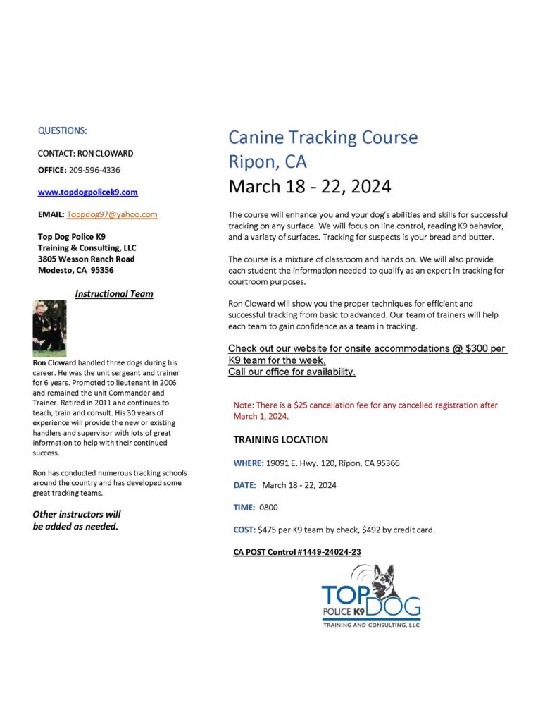 K9 Tracking Course in Ripon on March 2024.